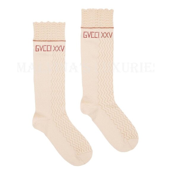 GUCCI DRESS SOCKS XXV KNITTED COTTON CROCHET SCALLOP TOP EMBROIDERED LOGO - Picture 7 of 10